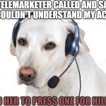 Awareness | A TELEMARKETER CALLED AND SAID SHE COULDN'T UNDERSTAND MY ACCENT. I TOLD HER TO PRESS ONE FOR HILLBILLY | image tagged in dog telemarketing | made w/ Imgflip meme maker