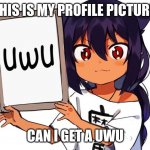 UwU | THIS IS MY PROFILE PICTURE; CAN I GET A UWU | image tagged in uwu | made w/ Imgflip meme maker