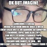 Not so new idea nathan | OK BUT IMAGINE; LAUNCHING A SOCIAL MEDIA PLATFORM WHERE ONCE A WEEK EVERY USER VOTES ON BANNING AN ANNOYING TRENDING TOPIC. AND ALSO THEY CAN VOTE TO BRING A BANNED TOPIC BACK. PEOPLE WILL RECRUIT THEIR FRIENDS AND FAMILY TO JOIN.... WE CAN START CULTURE WARS AND PROFIT FROM IT | image tagged in new idea nathan | made w/ Imgflip meme maker