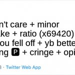 twitter | didn't ask, don't care + minor spelling mistake + ratio (x69420) + L + fatherless + you fell off + yb better + your white + pushing 🅿 + cringe + opinion rejected | image tagged in twitter | made w/ Imgflip meme maker