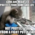cats with guns | GUNS ARE MEANT TO PROTECT YOUR HOME AND LIFE. NOT PROTECT YOU FROM A FIGHT PUTTY CAT. | image tagged in cats with guns | made w/ Imgflip meme maker
