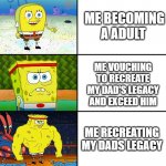 Like any of this is gooing to happen | ME GROWING UP; ME BECOMING A ADULT; ME VOUCHING TO RECREATE MY DAD'S LEGACY AND EXCEED HIM; ME RECREATING MY DADS LEGACY; ME EXCEEDING IT | image tagged in spongebob baby normal tough strong god | made w/ Imgflip meme maker