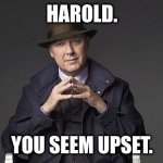 Harold you seem upset | HAROLD. YOU SEEM UPSET. | image tagged in blacklist | made w/ Imgflip meme maker