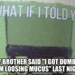 Out of all the things he could've said, he chose that... | MY BROTHER SAID "I GOT DUMBER FROM LOOSING MUCUS" LAST NIGHT... | image tagged in diary of an 8-bit warrior brio what if i told you | made w/ Imgflip meme maker