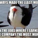 Even Less Popular Opinion Bird | I ALWAYS MADE THE LEAST MONEY; IN THE JOBS WHERE I EARNED THE COMPANY THE MOST MONEY | image tagged in even less popular opinion bird,true story bro | made w/ Imgflip meme maker