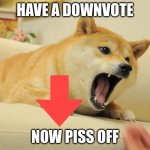 no title | HAVE A DOWNVOTE; NOW PISS OFF | image tagged in angry doge | made w/ Imgflip meme maker