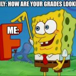 F Spongebob | FAMILY: HOW ARE YOUR GRADES LOOKING? ME: | image tagged in f spongebob | made w/ Imgflip meme maker