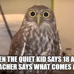 Shocked owl | WHEN THE QUIET KID SAYS 18 AFTER THE TEACHER SAYS WHAT COMES AFTER M | image tagged in shocked owl,run,quiet kid | made w/ Imgflip meme maker