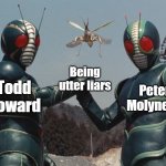 ZO & J Shaking Hands | Being utter liars; Todd Howard; Peter Molyneux | image tagged in zo j shaking hands | made w/ Imgflip meme maker