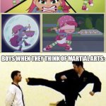 How girls and boys think of martial arts | GIRLS WHEN THEY THINK OF MARTIAL ARTS: BOYS WHEN THEY THINK OF MARTIAL ARTS: | image tagged in kick,strawberry shortcake,strawberry shortcake berry in the big city,martial arts,memes | made w/ Imgflip meme maker