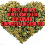 Weed heart | ROSES ARE RED, VIOLETS ARE BLUE, THE FLOWER I GIVE IS HEALING FOR YOU | image tagged in weed heart,weed,poem,flowers | made w/ Imgflip meme maker