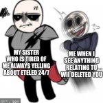 "PLEASE PLEASE PLEASE CAN WE WATCH THE FULL ANIMATIC PLEASE" | MY SISTER WHO IS TIRED OF ME ALWAYS YELLING ABOUT ETELED 24/7; ME WHEN I SEE ANYTHING RELATING TO WII DELETED YOU | image tagged in wii deleted you,eteled,sus | made w/ Imgflip meme maker