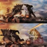 Godzilla vs Kong vs Cheems | You Your brother Your mom with the belt | image tagged in godzilla vs kong vs cheems | made w/ Imgflip meme maker