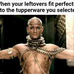 Bow to me | When your leftovers fit perfectly into the tupperware you selected | image tagged in xerxes is kind,lol so funny,funny memes | made w/ Imgflip meme maker