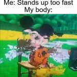 Daily Meme Supplies #2 | Me: Stands up too fast
My body: | image tagged in glitchy mickey,relatable,memes | made w/ Imgflip meme maker