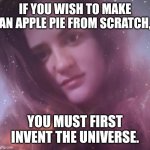 Life coach is high again | IF YOU WISH TO MAKE AN APPLE PIE FROM SCRATCH, YOU MUST FIRST INVENT THE UNIVERSE. | image tagged in life coach mary margaret,carl sagan,life lessons,life hack | made w/ Imgflip meme maker