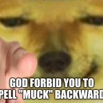 Cheems Pointing At You | GOD FORBID YOU TO SPELL "MUCK" BACKWARD... | image tagged in cheems pointing at you | made w/ Imgflip meme maker