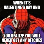 Depressed Spider Man | WHEN IT'S VALENTINE'S DAY AND YOU REALIZE YOU WILL NEVER GET ANY BITCHES | image tagged in memes,sad spiderman,spiderman | made w/ Imgflip meme maker