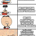 DONT TALK ABOUT BRUNO; NOT A WORD ABOUT BRUNO | WE DON'T TALK ABOUT BRUNO NO NO NO; WE CAN'T SPEAK ABOUT TIO BRUNO; WE CAN NOT BRING UP THE TOPIC OF BRUNO MADRIGAL; THE SUBJECT OF THE CHARACTER BRUNO MADRIGAL IS FORBIDDEN AROUND HERE; PLEASE DO NOT BRING IT UP ON ANY CIRCUMSTANCES | image tagged in mega big brain mokey,we don't talk about bruno,encanto,mokey | made w/ Imgflip meme maker