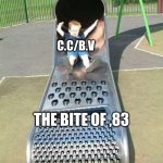 The Bite of ,83 | C.C/B.V; THE BITE OF ,83 | image tagged in cheese grater slide | made w/ Imgflip meme maker