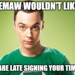 Sheldon Cooper Timesheet Reminder meme | MEEMAW WOULDN'T LIKE IT; IF YOU ARE LATE SIGNING YOUR TIMESHEET | image tagged in sheldon cooper timesheet reminder meme | made w/ Imgflip meme maker