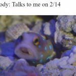 Blue Spotted Jawfish | Nobody: Talks to me on 2/14
Me: | image tagged in blue spotted jawfish | made w/ Imgflip meme maker