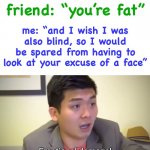 Never roast a memer. | me: “and I wish I was also blind, so I would be spared from having to look at your excuse of a face”; friend: “you’re fat” | image tagged in emotional damage,funny,roasted,destruction 100,oof size large | made w/ Imgflip meme maker