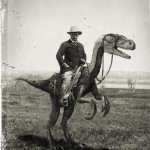 Teddy Roosevelt on a velociraptor