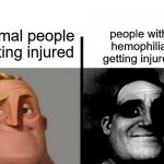 mr incredible meme | people with
hemophilia
getting injured; normal people
getting injured | image tagged in mr incredible meme | made w/ Imgflip meme maker