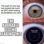 Beeg eye | THE ADORABLE LEGEND READING THIS | image tagged in expanding eye,wholesome | made w/ Imgflip meme maker