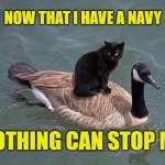 Feline Navy | NOW THAT I HAVE A NAVY; NOTHING CAN STOP ME | image tagged in cat navy,memes,cat,goose,canada goose | made w/ Imgflip meme maker