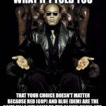 The Politicians are all alike | WHAT IF I TOLD YOU THAT YOUR CHOICE DOESN'T MATTER BECAUSE RED (GOP) AND BLUE (DEM) ARE THE SAME PILL? WELCOME TO THE CLOWN SHOW, NEO. | image tagged in morpheus blue red pill | made w/ Imgflip meme maker
