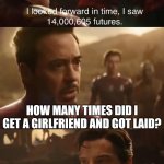 Dr. Strange’s Futures | HOW MANY TIMES DID I GET A GIRLFRIEND AND GOT LAID? ZERO | image tagged in dr strange s futures | made w/ Imgflip meme maker