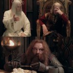 Gandalf and Theoden arguing while Gimli eats