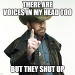 Norris | THERE ARE VOICES IN MY HEAD TOO BUT THEY SHUT UP | image tagged in memes,chuck norris finger,chuck norris | made w/ Imgflip meme maker