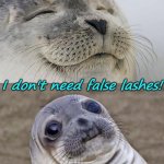 Smug seal | With whiskers like mine, I don't need false lashes! | image tagged in memes,short satisfaction vs truth,amphibia,satisfied seal,happy seal,ocean | made w/ Imgflip meme maker