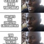 Happy Sad happy | YOU GET A TEXT FROM YOU CRUSH; SHE SAYS SHE LOVES YOU LIKE A BROTHER; YOU REMEMBER YOU LIVE IN ARKANSAS | image tagged in happy sad happy | made w/ Imgflip meme maker