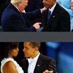 Trump lectures Obama, Obama dances with Michelle meme