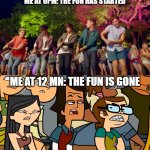 No more fun | ME AT 6PM: THE FUN HAS STARTED; ME AT 12 MN: THE FUN IS GONE | image tagged in the fun begins,one direction,total drama | made w/ Imgflip meme maker