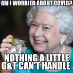 drinky-poo | AM I WORRIED ABOUT COVID? NOTHING A LITTLE G&T CAN'T HANDLE | image tagged in drinky-poo | made w/ Imgflip meme maker