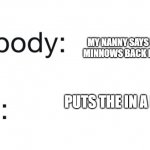 IDFK | MY NANNY SAYS PUT THEM MINNOWS BACK IN MY POND; PUTS THE IN A PUDDLE | image tagged in nobody me | made w/ Imgflip meme maker