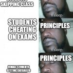 It's sadly true | PRINCIPLES; STUDENTS VAPING AND DOING DRUGS IN THE BATHROOM; PRINCIPLES; STUDENTS SKIPPING CLASS; PRINCIPLES; STUDENTS CHEATING ON EXAMS; PRINCIPLES; FEMALE STUDENTS GETTING CATCALLED AND SEXUALLY HARASSED BY THE SAME GUYS; SOMEONE WEARING A HOODIE; PRINCIPLES | image tagged in i sleep extended | made w/ Imgflip meme maker