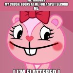 Admit it, you have a crush or had a crush | GUYS: GIVE ME 999999990 INSULTS
ME: IGNORES
MY CRUSH: LOOKS AT ME FOR A SPLIT SECOND
ME:; ( I’M FLATTERED ) | image tagged in blushed giggles htf,crush,love | made w/ Imgflip meme maker