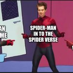 spider men | SPIDER-MAN IN TO THE SPIDER VERSE; SPIDER-MAN NO WAY HOME; SPIDER VERSE COMIC | image tagged in spider men live action ponting meme | made w/ Imgflip meme maker