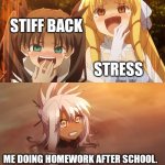 Can you guys relate? | STIFF BACK; STRESS; ME DOING HOMEWORK AFTER SCHOOL. | image tagged in fate/kaleid 2wei meme,memes,anime,anime meme,loli,mud | made w/ Imgflip meme maker