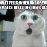 OMG Cat | HOW IT FEELS WHEN ONE OF YOUR CLASSMATES TAKES OFF THEIR GLASSES | image tagged in memes,omg cat | made w/ Imgflip meme maker