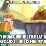 carl wheezer and shrek | ME ENJOYING MY LAST MOMENTS; MY MOM COMING TO BEAT MY ASS BECAUSE I DID CLEAN MY ROOM | image tagged in carl wheezer and shrek,memes | made w/ Imgflip meme maker