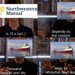 Depends on the context | Is 15 a lot? Depends on the context Thousand tons of ore? No. Miles to Whitefish Bay? Yes. | image tagged in depends on the context | made w/ Imgflip meme maker