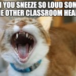 sneeze | WHEN YOU SNEEZE SO LOUD SOMEONE IN THE OTHER CLASSROOM HEARS IT. | image tagged in sneeze | made w/ Imgflip meme maker