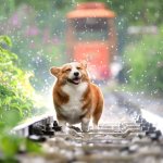 happy dog in front of train
